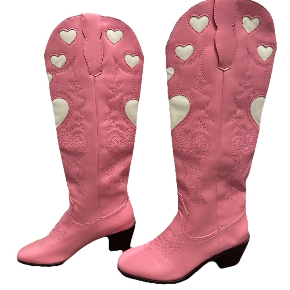 Pink Heart Shape Knee High Cowboy Boots Women Sewing Western Boots S 7.5
